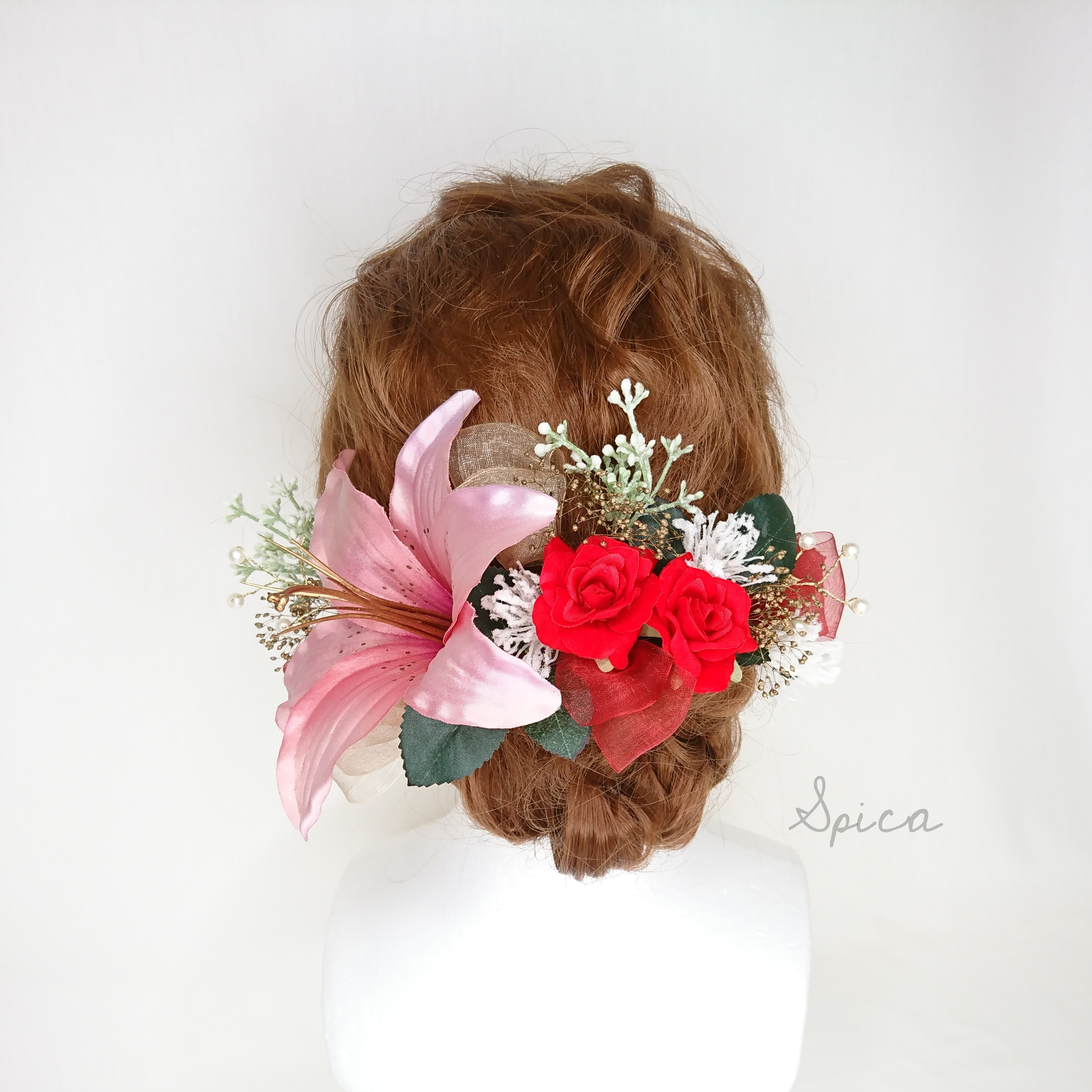 【一点限定】カサブランカとローズとプリザかすみ草 ウェディング 赤 ピンク 百合 卒業式 成人式 袴 七五三 和装