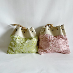 巾着バッグ 本革 × ケミカルレース 生地 刺繍 / クリームラメ × ベビーピンク 10枚目の画像