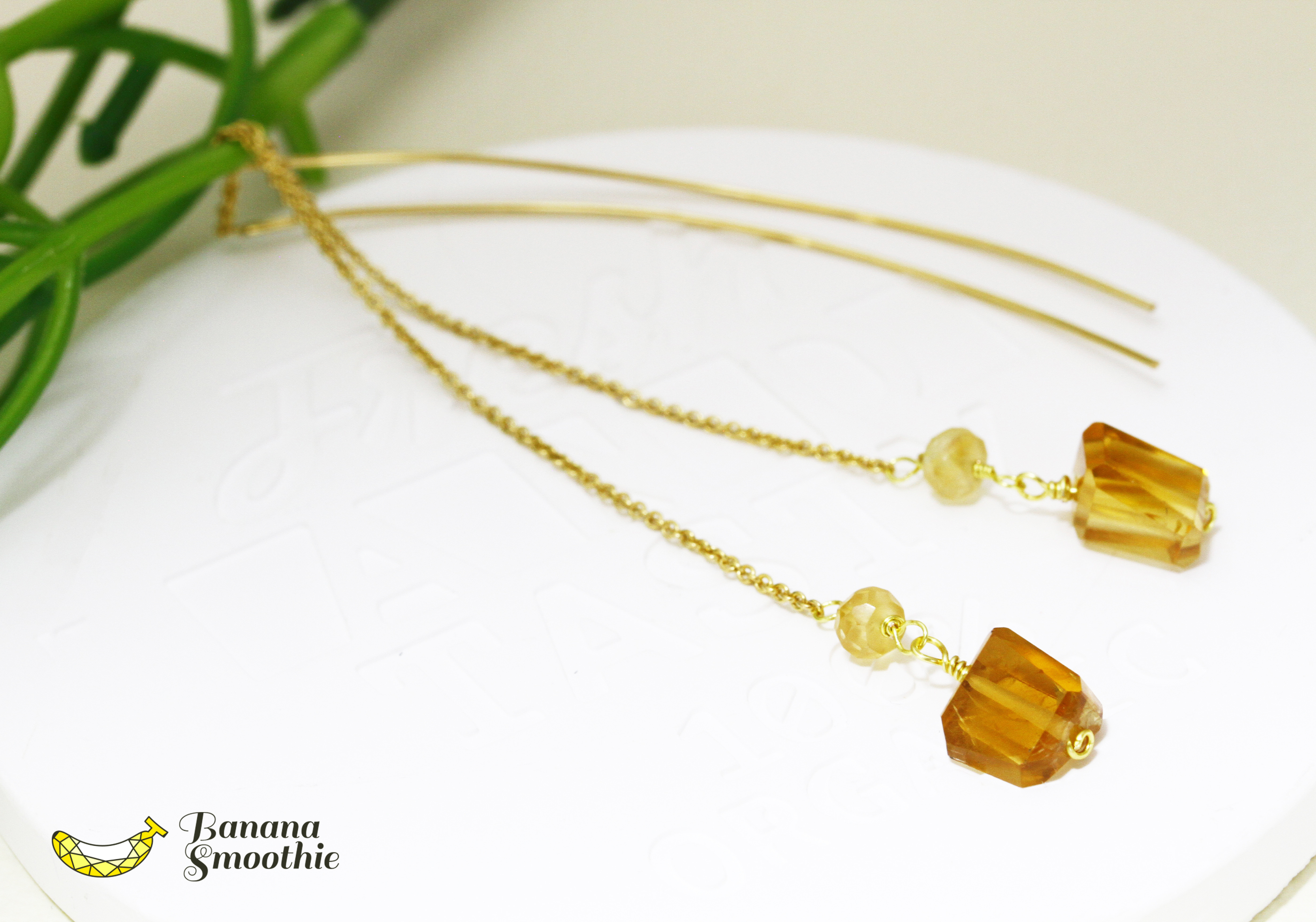 色濃い飴色 シトリン ラフカット × ラウンド スパークルカーブアメリカンピアス 14kgf 11月誕生石