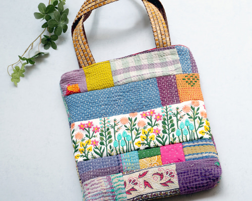 122ꕤ︎︎パッチワーク カンタキルト 花鳥 手染め リボン 122ꕤ︎︎パッチワーク カンタキルト 花鳥 手染め リボン