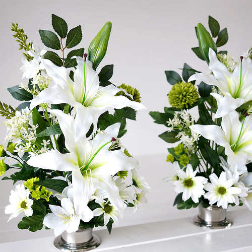 仏花セット　 造花 造花1対セット】 大輪ユリの仏花セット(white) アートフラワー