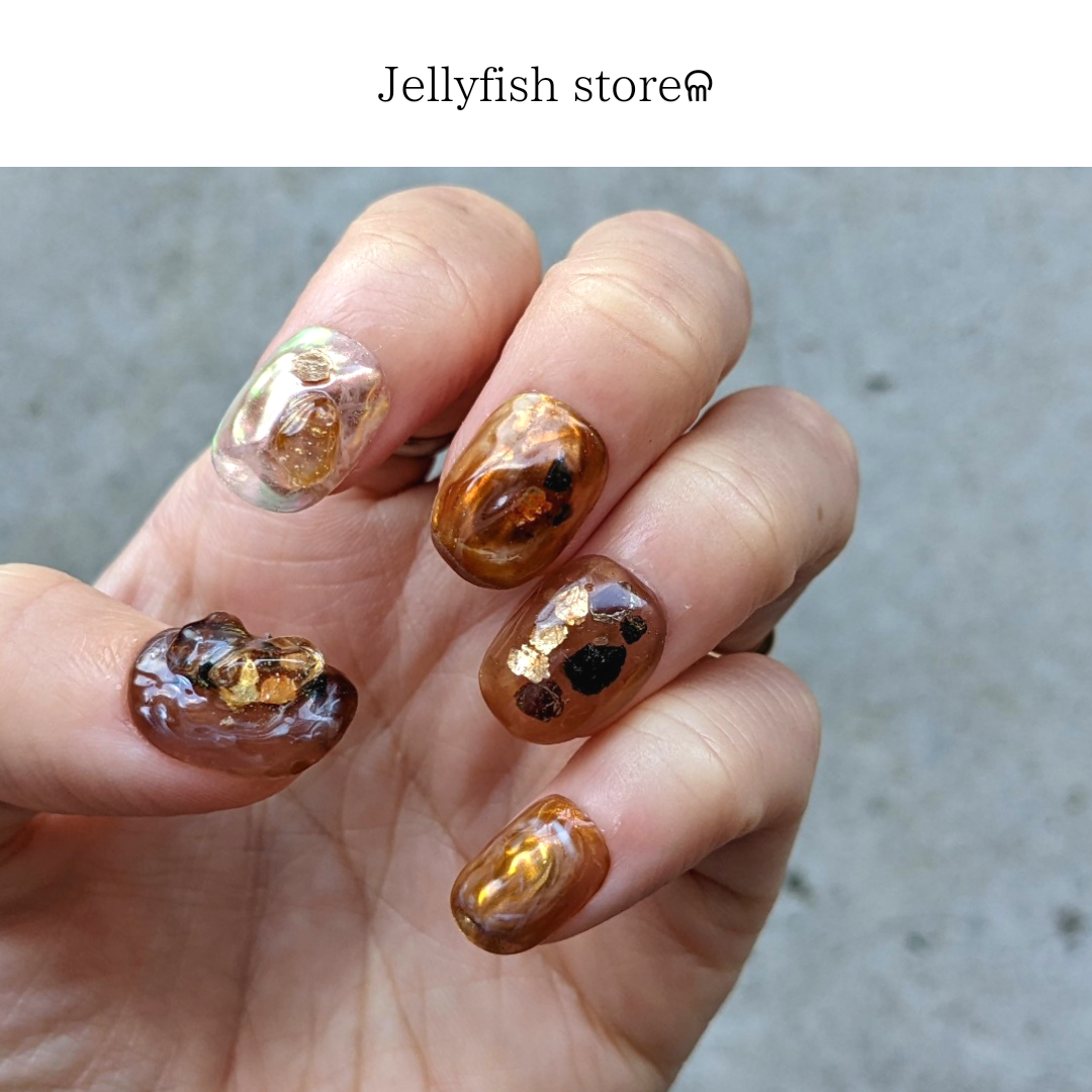 #29｜琥珀石 [こはくせき] nail .○ 宝石 べっ甲 アンティーク ゴールド シアー アンバー 【ネイルチップ】