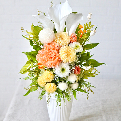 プリザーブドフラワー仏花 黄色 オレンジ 百合 カーネーション かすみ