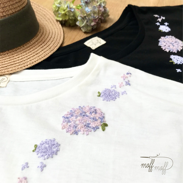 黒地　紫陽花手刺繍のドルマン半袖Tシャツ 綿春夏レディース　女性　ゆるいシルエット コットン　花の手刺繍 8枚目の画像