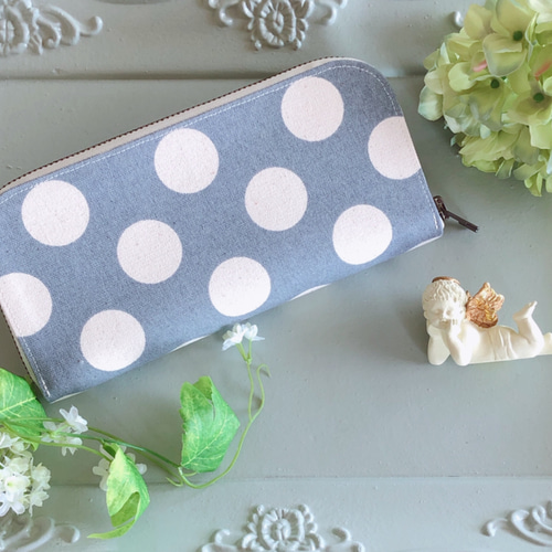 かわいい布で作った長財布 軽量なのに大容量！グレー水玉 長財布