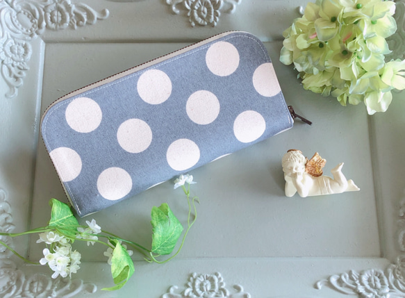 かわいい布で作った長財布 軽量なのに大容量！グレー水玉 長財布