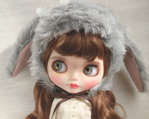 再出品454.※グレーのファーのタレ耳うさぎの帽子※ブライスアウト