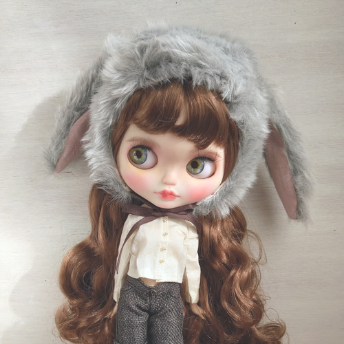 再出品454.※グレーのファーのタレ耳うさぎの帽子※ブライスアウト