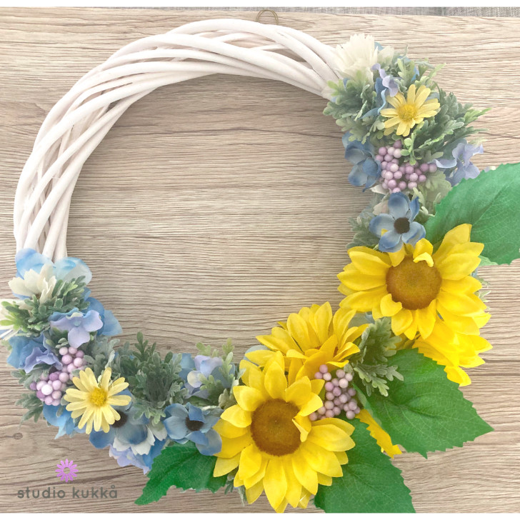 送料無料 直径30cm 向日葵とアネモネのサマーリース　ひまわり 紫陽花 夏