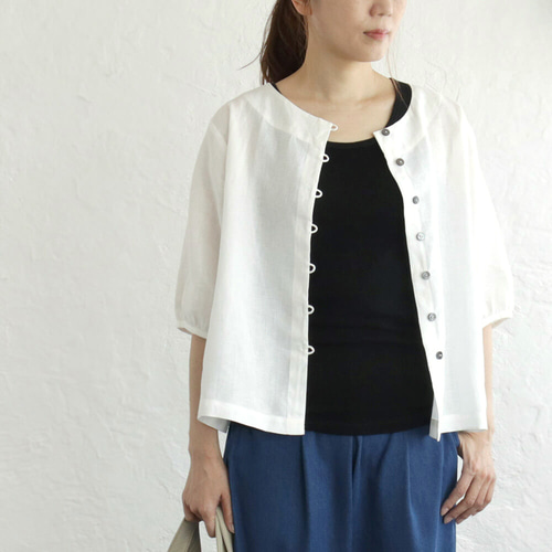 リネン 五分袖ループボタン羽織りブラウス （オフホワイト）TP22