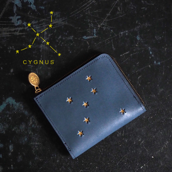 L型拉鍊錢包（CYGNUS夜藍）天鵝座星星牛皮 第1張的照片