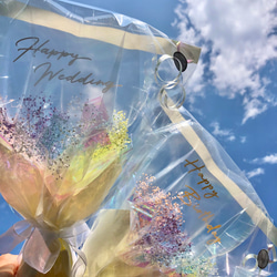 【送料無料】クリアハートかすみ草レインボーブーケ│オーロラ　手持ちバルーン　花束　結婚式　卒業　卒園　ブーケトス 3枚目の画像