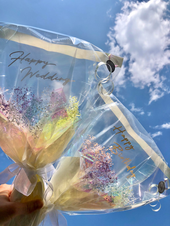 【送料無料】クリアハートかすみ草レインボーブーケ│オーロラ　手持ちバルーン　花束　結婚式　卒業　卒園　ブーケトス 3枚目の画像
