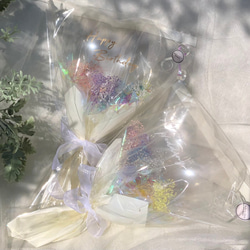 【送料無料】クリアハートかすみ草レインボーブーケ│オーロラ　手持ちバルーン　花束　結婚式　卒業　卒園　ブーケトス 2枚目の画像