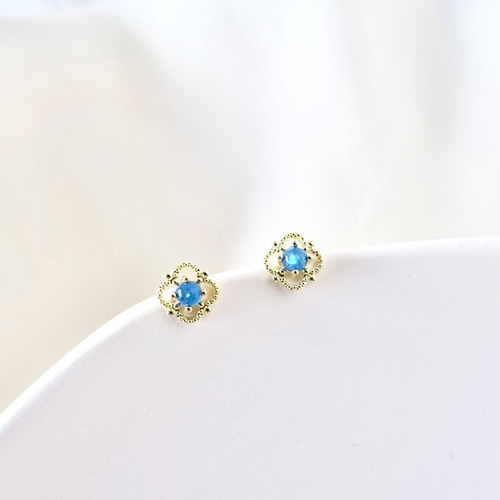 ピアス オパール ブルー フラワー シルバー925 14kコーティング 14kgp 