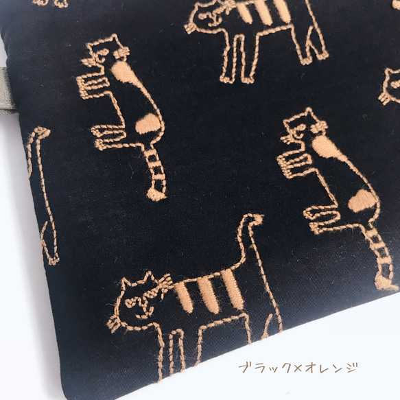 ‍(=^x^=) neco neco フラットポーチ　4カラー　ポケット＆仕切り付き　猫刺繍コットン生地 12枚目の画像
