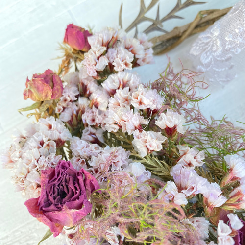 ドライフラワー ピンク ローズ &スモークツリー リース W13 ドライ