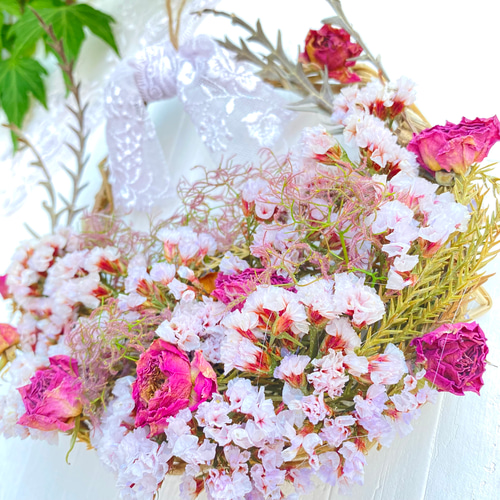 ドライフラワー ピンク ローズ &スモークツリー リース W13 ドライ