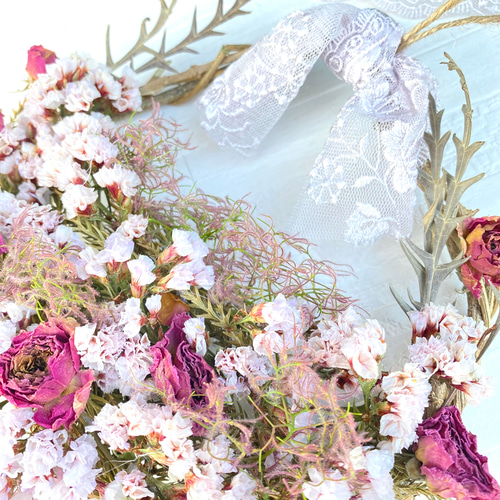 ドライフラワー ピンク ローズ &スモークツリー リース W13 ドライ