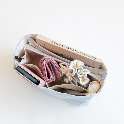 自立するファスナーポケットつきバッグインバッグ 帆布使用 ブルー