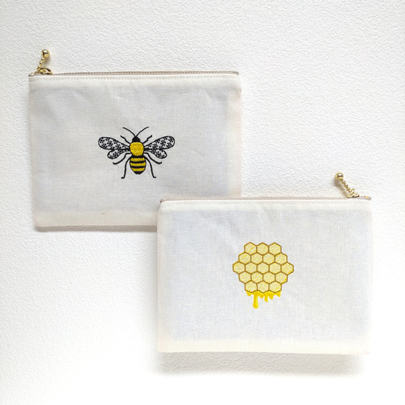 ●ミツバチとハニー● 両面楽しめる 刺繍ポーチ 1枚目の画像