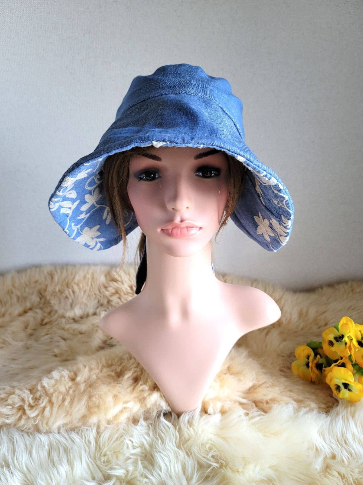 ポニーテール★ドロップリボンhat★ライトブルー★つば広帽子★大きいサイズ