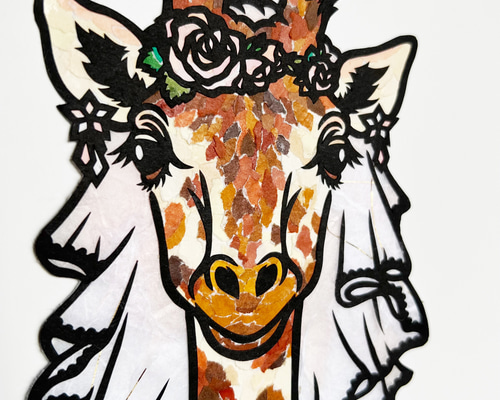 ちぎり絵×切り絵】原画アート 『wedding-kirin（花嫁キリン）』 絵画