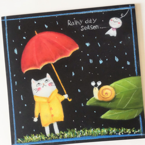 雨降りの森の中 ネコとかたつむりとてるてる坊主【原画】オイル