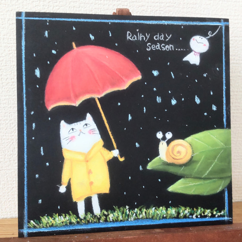 原画】『雨上がりの空の下』（猫 絵画 パステル画 ハチドリ
