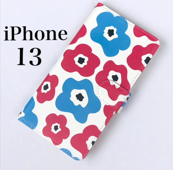iPhone13ケース　手帳型ケース　ブラック　北欧　花柄　フラワー　ピンク　 1枚目の画像