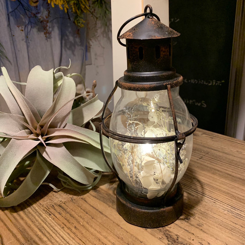 レトロアンティーク風LEDランタン(長丸)ドライフラワーアレンジ ドライ