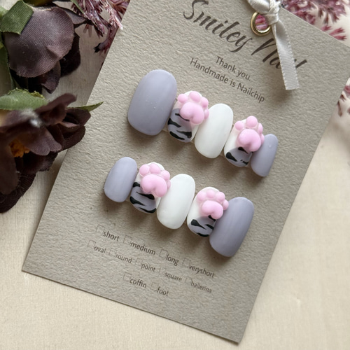 ぷっくり　貝殻ネイル　ねこ　肉球　ネイルチップ　オーダー　リボン ぷっくり貝殻ネイルねこ肉球ネイルチップオーダーリボン