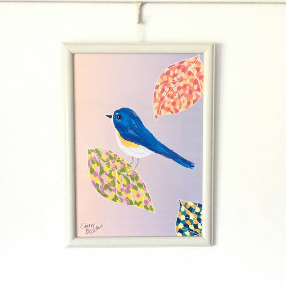 額縁付「幸せの青い鳥～ルリビタキ」インテリア絵画ポスター