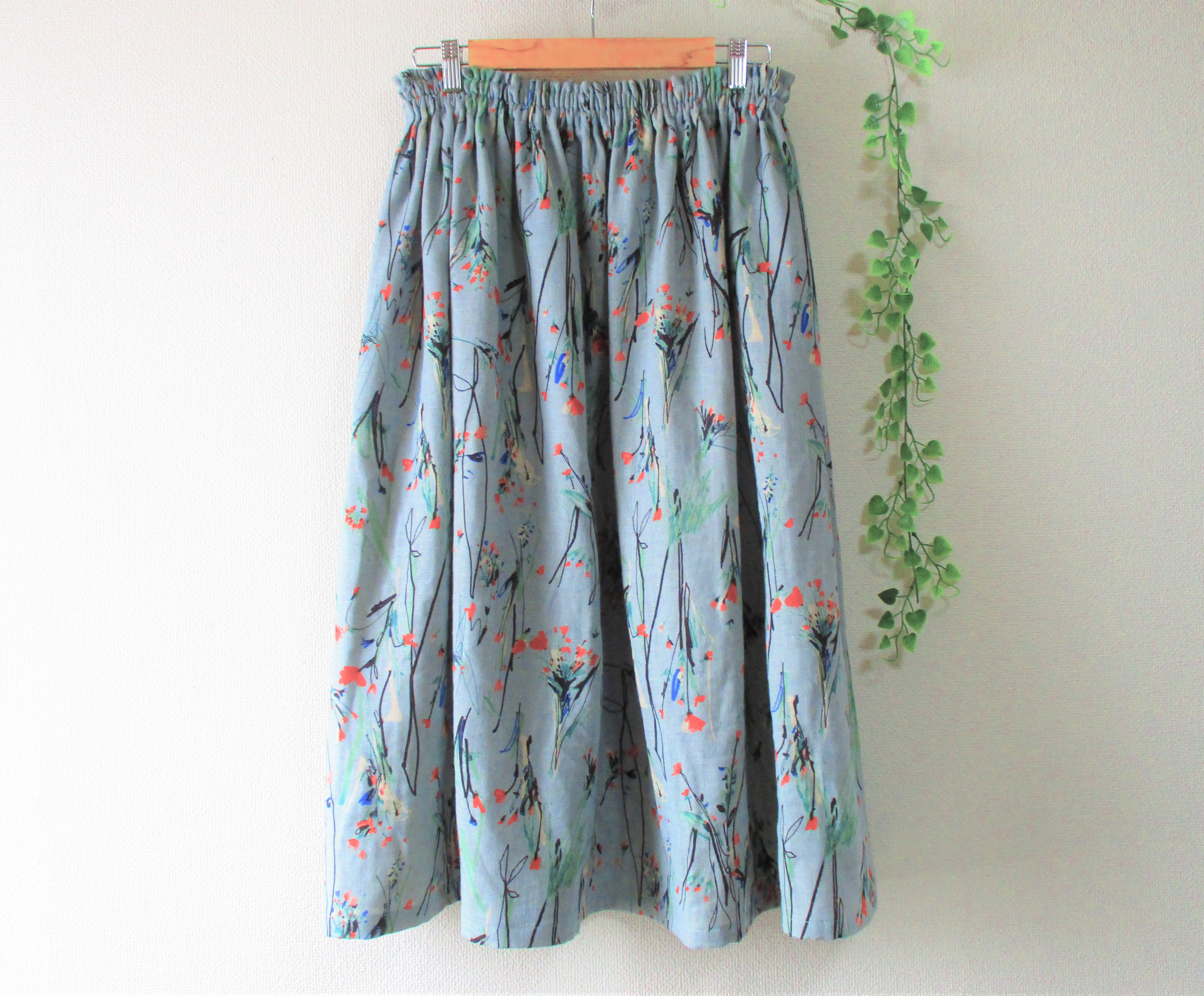 コットンリネンガーゼボタニカル柄ギャザースカート