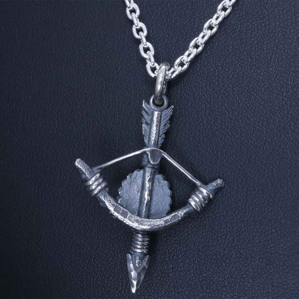 ネックレス メンズ : 生 弓矢 ペンダント SIZE：M 燻し仕上げ 矢 弓 矢尻 シンプル ブランド 天然石選択可能