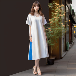 PSNY 亞麻，白色，漸變，天藍色側褶連身裙，超長兼容 AP15 第1張的照片