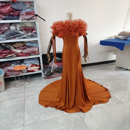 人気上昇！カラードレス テラコッタ色取り外しオフショルダー袖 /2次会  