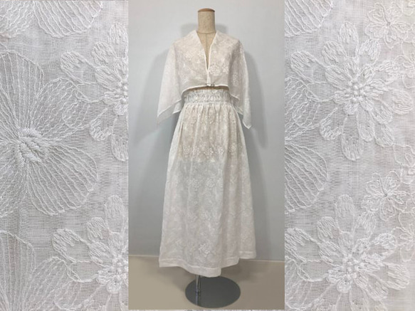 夏セール　made in France 白 総刺繍 高級 綿ローン  ギャザースカート  ショール付き 1枚目の画像