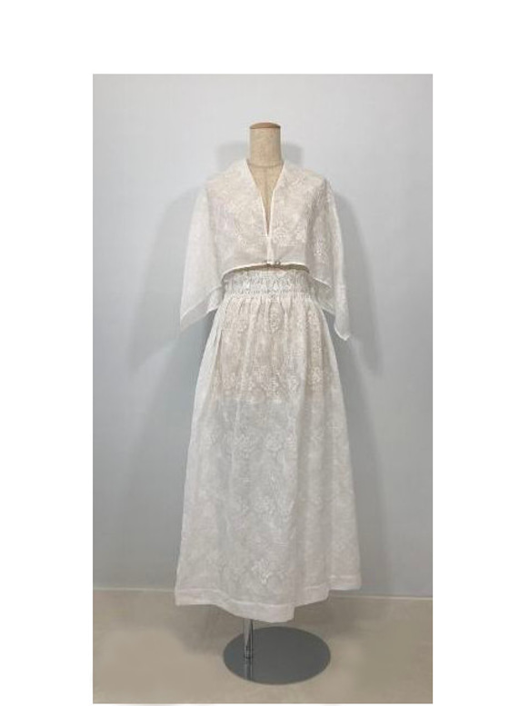 夏セール　made in France 白 総刺繍 高級 綿ローン  ギャザースカート  ショール付き 3枚目の画像