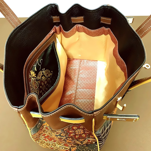 SOLD◇30サイズ◇着物帯と本革のリメイクバッグ◇remake.829