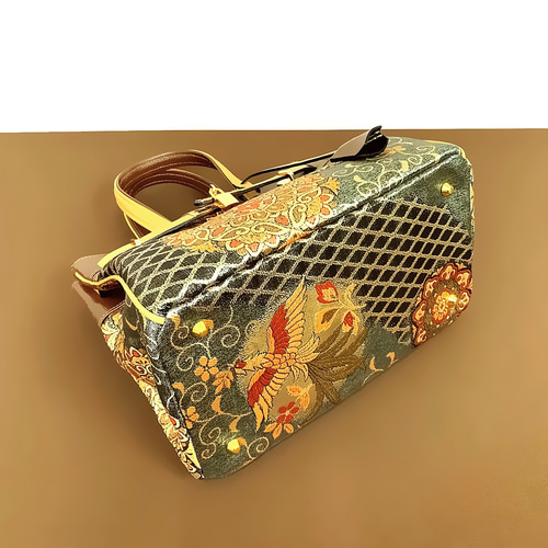 SOLD◇30サイズ◇着物帯と本革のリメイクバッグ◇remake.829