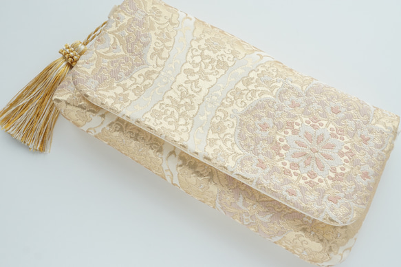 [Gold Hanatate Waki Pattern Silk Obi Remake 2-Way Clutch Bag &am 第5張的照片