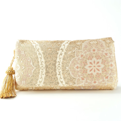 [Gold Hanatate Waki Pattern Silk Obi Remake 2-Way Clutch Bag &am 第2張的照片