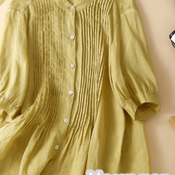 夏の立襟はゆったりとした純色百合わせの薄手綿麻半袖シャツ 3枚目の画像