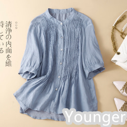 夏の立襟はゆったりとした純色百合わせの薄手綿麻半袖シャツ 1枚目の画像