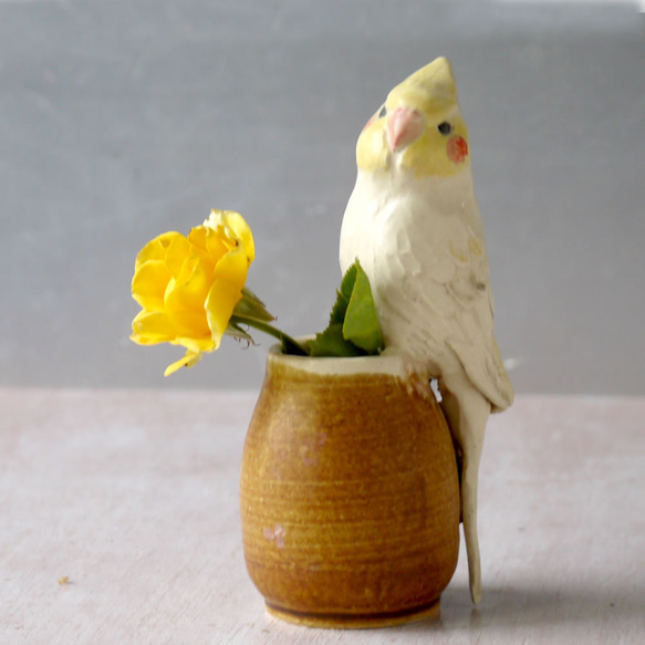 オカメインコの一輪挿し （陶器の小鳥オブジェ） 一輪挿し・花瓶