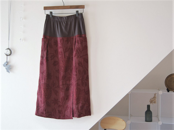 小千谷紬　華紋柄のラップ風スカート　着物リメイク 2枚目の画像