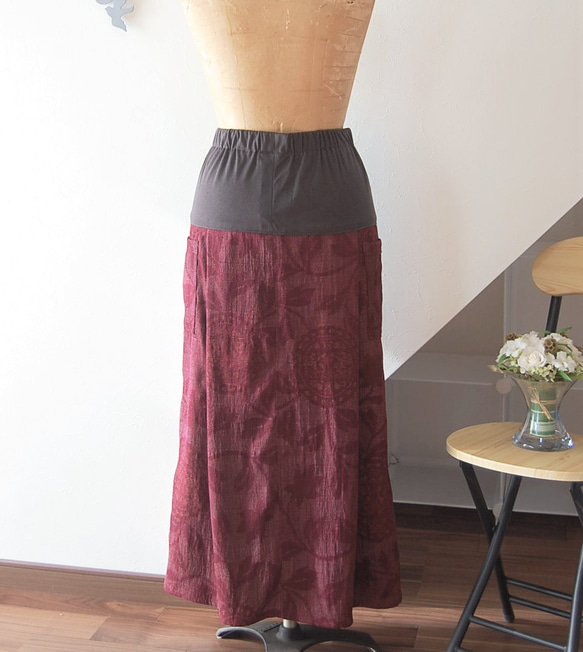 小千谷紬　華紋柄のラップ風スカート　着物リメイク 8枚目の画像