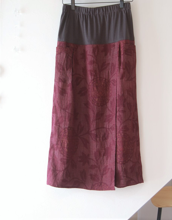 小千谷紬　華紋柄のラップ風スカート　着物リメイク 3枚目の画像