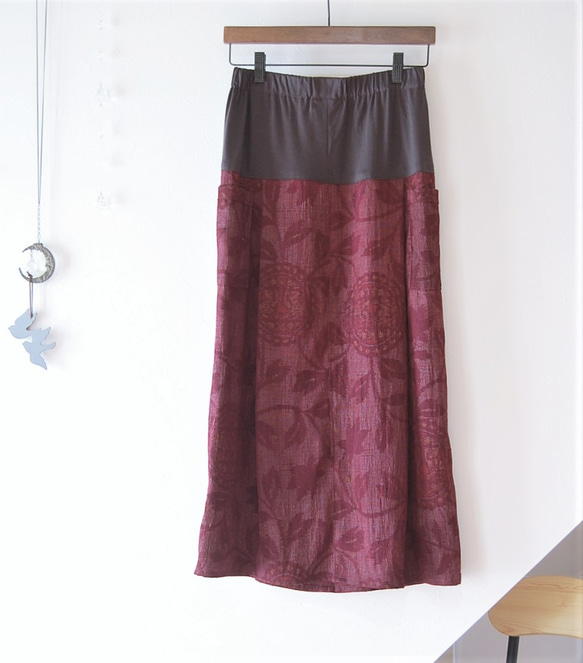小千谷紬　華紋柄のラップ風スカート　着物リメイク 4枚目の画像